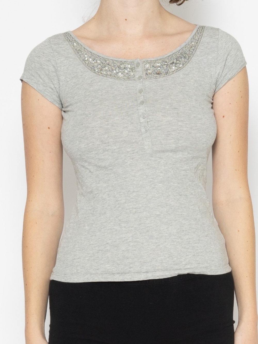 Y2k grey sequin baby tee button top size small perfect fit cotton